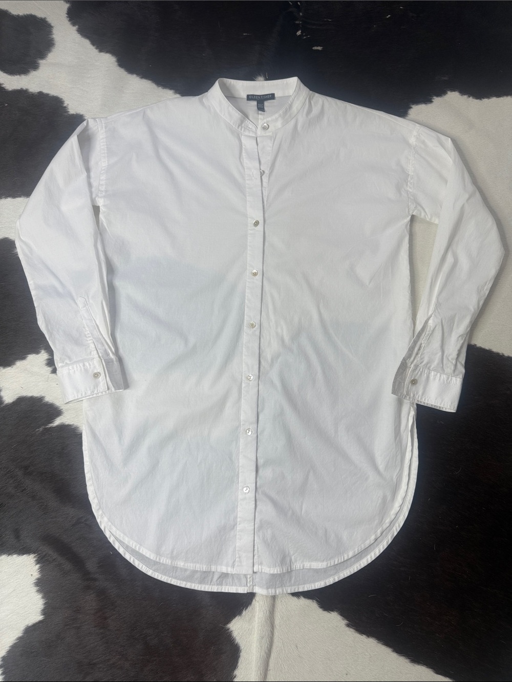 Eileen Fisher White Longline Band-Collar Button-Down Shirt